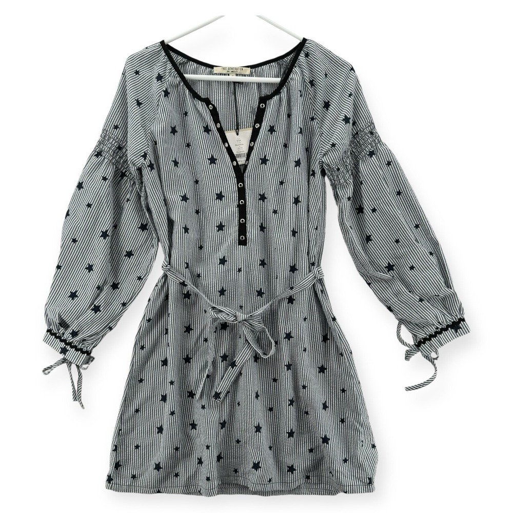 Free Generation Dress Womens Small Striped Stars Grommet Tie Sleeve NEW‎